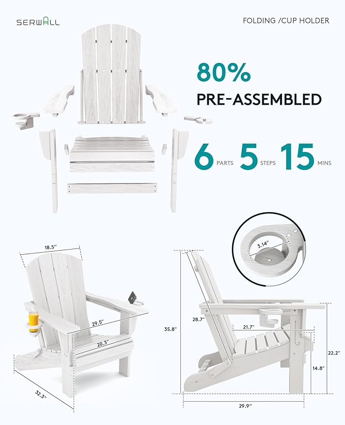 SERWALL Adirondack Chair with Cup Holders - Composite Adirondack Chairs HDPE Outdoor Chairs All Weather Use- White - Photo 3