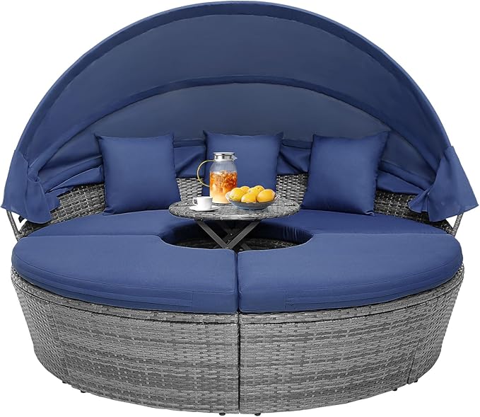 RELAX4LIFE Round Outdoor Daybed with Canopy, Rattan Wicker Sectional Sofa Set w/Cushions, Height Adjustable Table, Conversation Bed Lounger Separated Seating for Outside Pool, Patio Daybed (Navy)