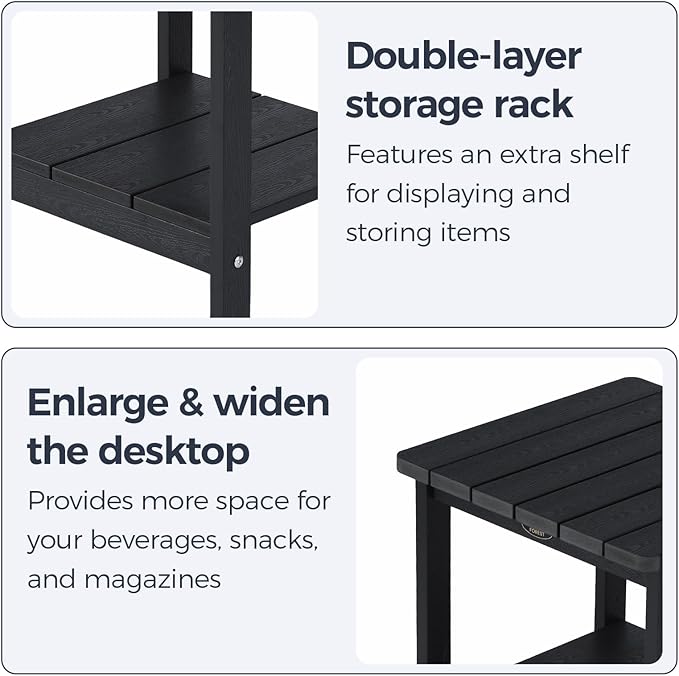 Square Outdoor Side Table Adirondack Side Table, Water-resistant & 2-Tier Small End Table for Patio, Beach Chair & Poolside, Bedside Table for Living Room & Bedroom, Easy Assembly, Black