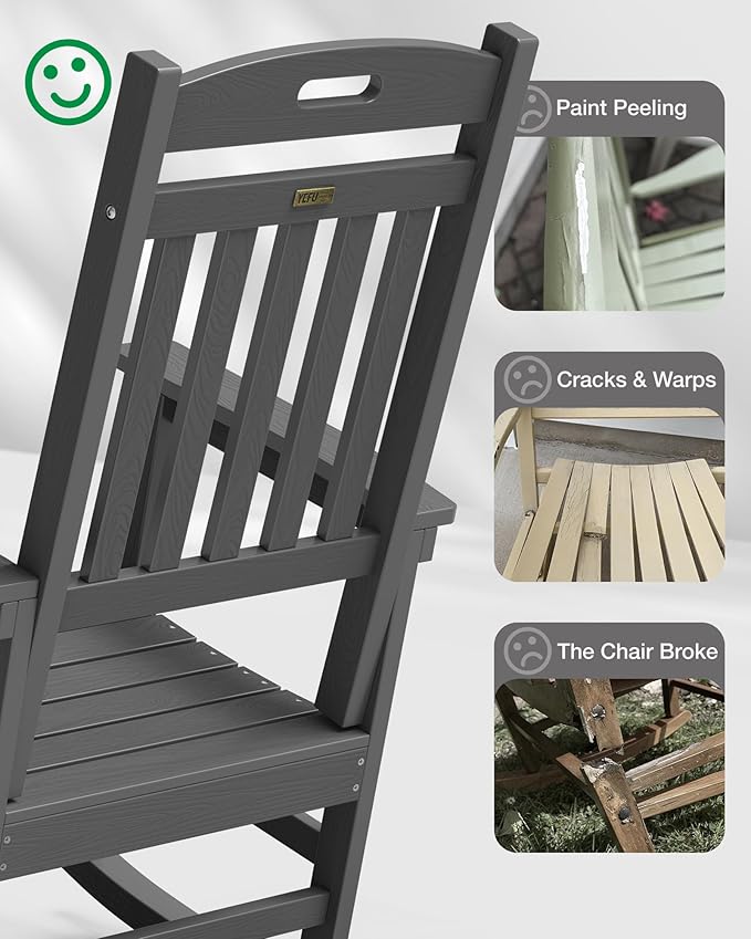 YEFU Outdoor Rocking Chairs Set of 2: Plastic Rocking Chairs for Outside, Weather Resistant for Patio, Easy to Assemble, Safe&Comfortable, Grey