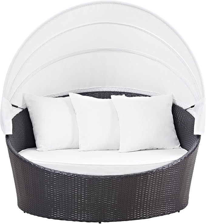 Modway Convene Wicker Rattan Outdoor Patio Retractable Canopy Round Poolside Sofa Daybed in Espresso White