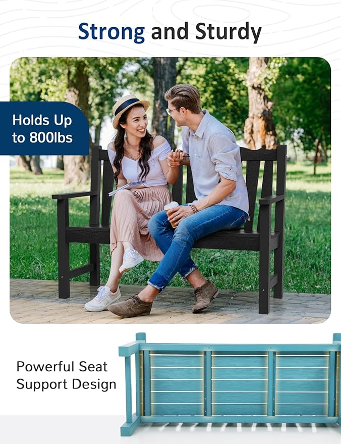 Outdoor Bench Weatherproof, 2-Person Garden Benches for Outdoors, All Weather HIPS Patio Bench Holds up to 800lbs, Never Rot or Fade, Comfort Bench for Porch, Garden, Patio, Backyard and Park, Black