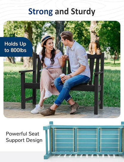 Outdoor Bench Weatherproof, 2-Person Garden Benches for Outdoors, All Weather HIPS Patio Bench Holds up to 800lbs, Never Rot or Fade, Comfort Bench for Porch, Garden, Patio, Backyard and Park, Black