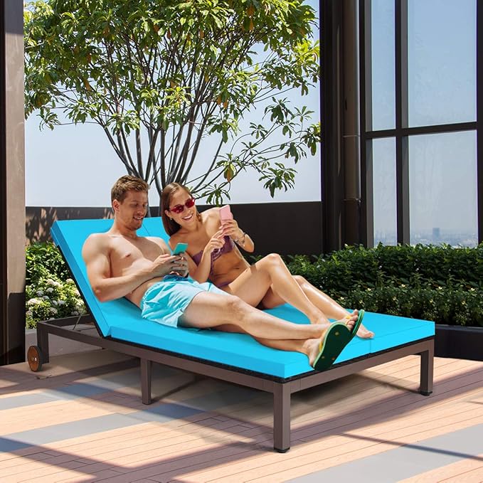 COSTWAY 2-Person Patio Rattan Lounge Chair Chaise Recliner Adjustable Cushion