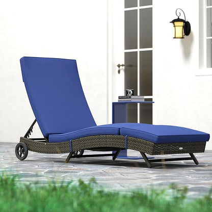 Outsunny Wicker Chaise Lounge Chair Outdoor with Wheels & Cushion, PE Rattan Patio Lounge Chair with 5-Level Adjustable Backrest for Poolside, Garden, Dark Blue