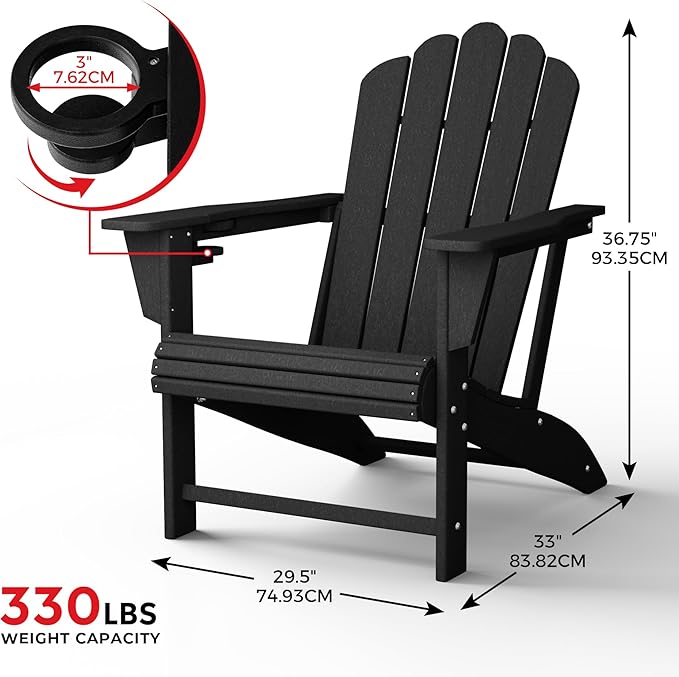 Costaelm Lakeview Outdoor Patio HDPE Adirondack Chairs with Cup Holders (Set of 4), Black