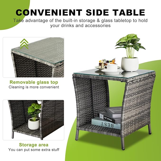 Outvita Outdoor Side Table, Rattan Coffee Table Small End Table with Glass Top Storage for Patio Porch Backyard Balcony