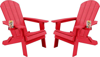 YEFU Adirondack Chair Set of 2, Folding Oversized Plastic Adirondack Chair with Cup Holder, Lawn Chair with Weather Resistant for Outdoor Deck Garden, Weight Capacity Up to 400 Lbs–Red