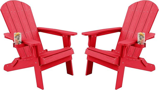 YEFU Adirondack Chair Set of 2, Folding Oversized Plastic Adirondack Chair with Cup Holder, Lawn Chair with Weather Resistant for Outdoor Deck Garden, Weight Capacity Up to 400 Lbs–Red