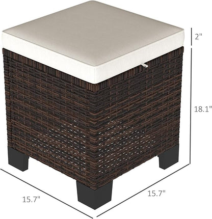 Outsunny 2 Pieces Outdoor Patio Ottomans, All Weather Wicker Outdoor Footstools with Removable Cushions, 3-in-1 PE Rattan Ottoman Seat, Footrest and Side Table for Backyard, Poolside, Beige