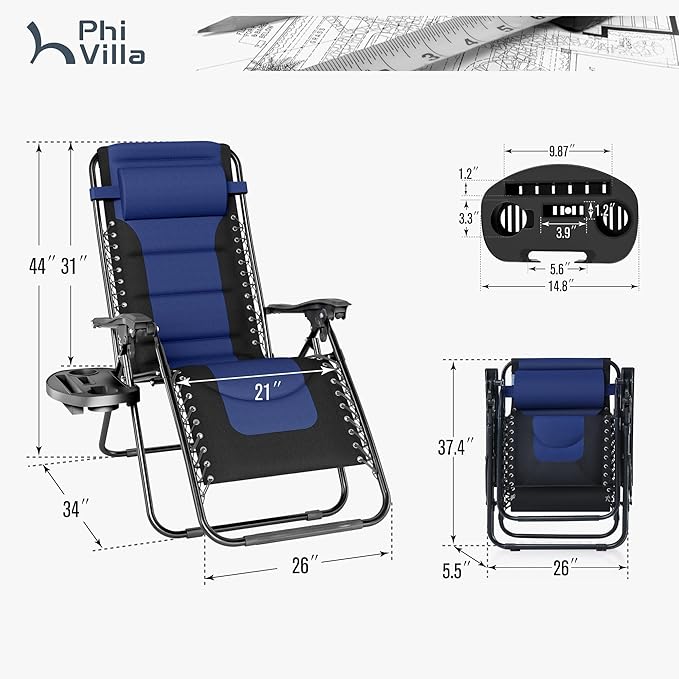 PHI VILLA Oversized Padded Zero Gravity Chair Set of 2, Foldable Patio Recliner, 26" Wide Seat Anti Gravity Lounger with Armrest and Cup Holder, Support 350 LBS (Navy Blue)