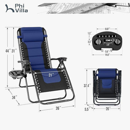 PHI VILLA Oversized Padded Zero Gravity Chair Set of 2, Foldable Patio Recliner, 26" Wide Seat Anti Gravity Lounger with Armrest and Cup Holder, Support 350 LBS (Navy Blue)