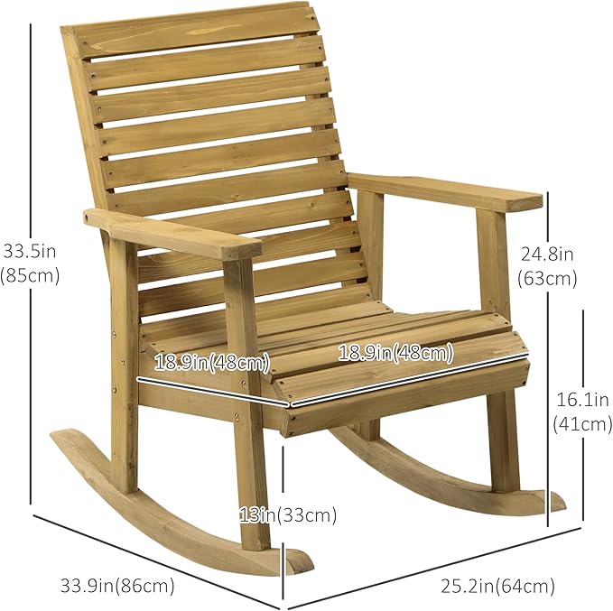Outsunny Wooden Outdoor Rocking Chair, Traditional Slatted Wood Rocker Chair with Armrests and High Backrest for Indoor & Outdoor, Light Brown