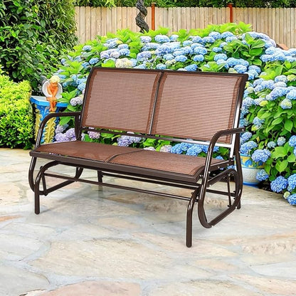 Giantex Swing Glider Chair 48 Inch with Spacious Space, 2 People Lounge Cozy Patio Bench Outdoor & Indoor for Patio, Backyard, Poolside, Lawn Steel Rocking Garden Loveseat (Brown)