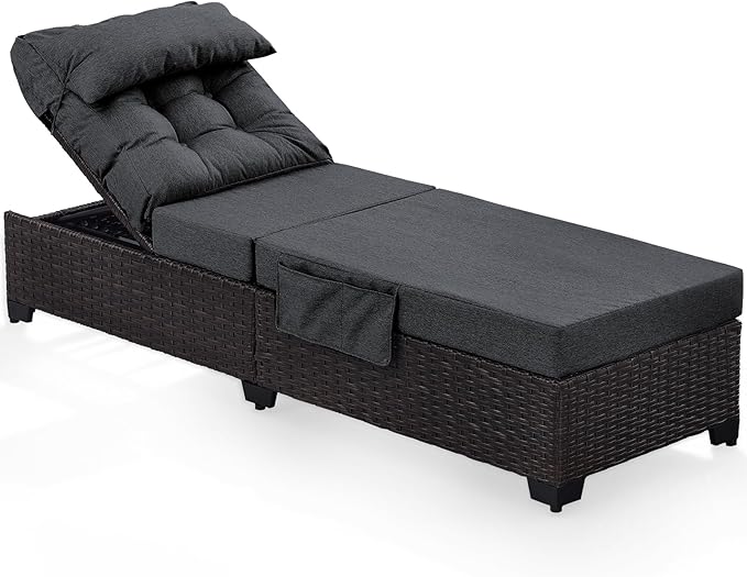 Outdoor Chaise Lounge Chair, Patio Rattan Adjustable Recliner with 5-Inch Thick Cushion, Heavy Duty Metal Lounger for Pool Beach Yard (Gray)