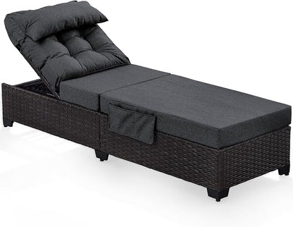 Outdoor Chaise Lounge Chair, Patio Rattan Adjustable Recliner with 5-Inch Thick Cushion, Heavy Duty Metal Lounger for Pool Beach Yard (Gray)