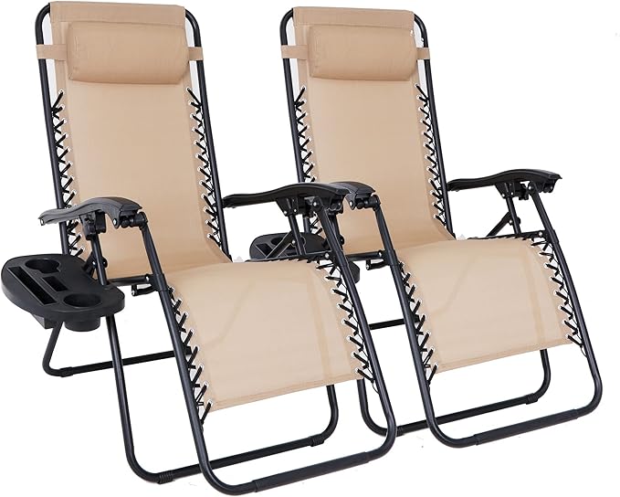 SUPER DEAL Zero Gravity Chair Set of 2 Folding Anti Gravity Recliner Outdoor Patio Beach Lounger Chair with Side Cup - Photo 1