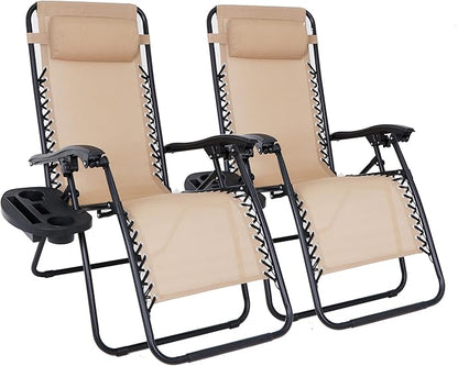SUPER DEAL Zero Gravity Chair Set of 2 Folding Anti Gravity Recliner Outdoor Patio Beach Lounger Chair with Side Cup Holder Tray and Pillow for Patio, Poolside, Backyard, Deck, Heavy Duty Steel Frame