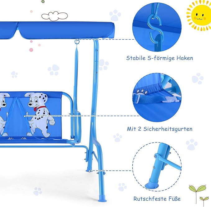 KOTEK Kids Patio Swing, 2-Seater Outdoor Hanging Bench with Adjustable Canopy, Safety Belt & Curved Armrest, Kids Swing Chair with Stand for Backyard, Garden, Lawn, Porch (Blue Puppy)