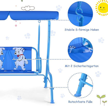KOTEK Kids Patio Swing, 2-Seater Outdoor Hanging Bench with Adjustable Canopy, Safety Belt & Curved Armrest, Kids Swing Chair with Stand for Backyard, Garden, Lawn, Porch (Blue Puppy)