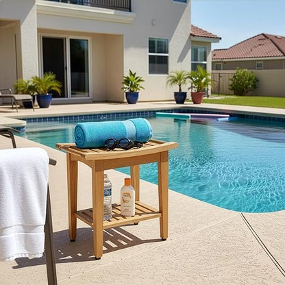 Kasa Solid Teak Indoor Outdoor Shower/Bath/Spa Stool Bench with Bottom Shelf, Fully Assembled, DB-916