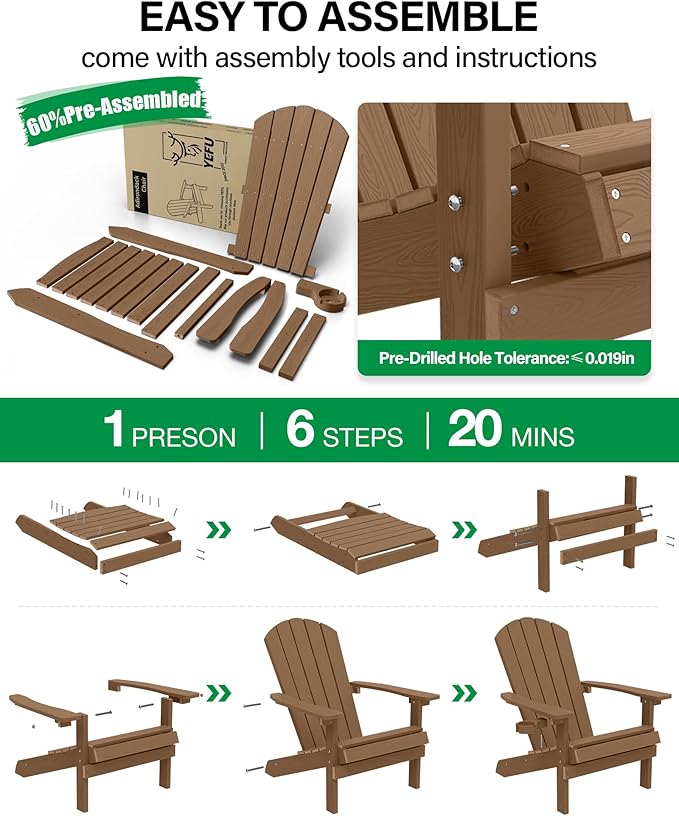 YEFU Adirondack Chairs Set of 6: Outdoor Chair HIPS Plastic Adirondack Chairs - Patio Chairs with Wood Texture - Lawn - Photo 9