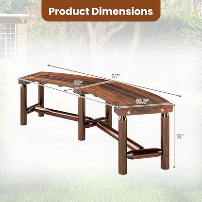 Tangkula Patio Curved Bench, Solid Wood Fire Pit Bench for 2-3 People, Outdoor Backless Loveseat for Backyard, Garden, Poolside, 800 LBS Max Load (1, Rustic Brown)