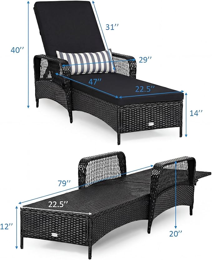 COSTWAY PE Rattan Chaise Lounge Chair, 6 Gear Adjustable Recliner with Armrest & Pillow, Wicker Outdoor Furniture for Deck, Patio (1, Black+White)