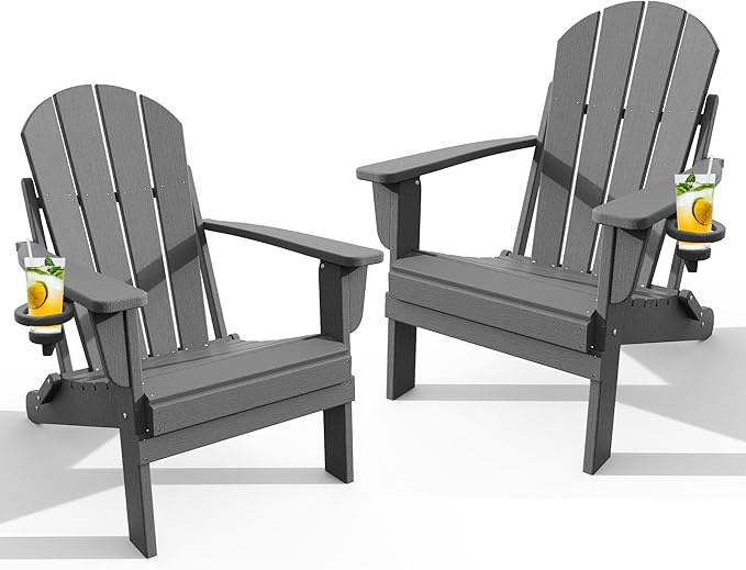 Adirondack Chair with Cup Holder Set of 2, Folding HDPE Patio Chairs, Outdoor Plastic Fire Pit Chair, Wood Texture, Lawn Chairs for Deck, Porch, Backyard, Garden, Slate Gray