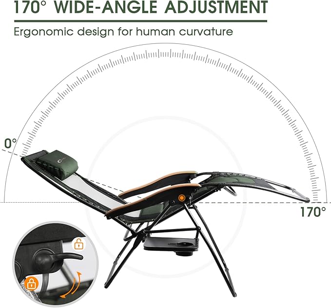 Portal Portable Zero Gravity Chair, Lounge Chair Outdoor Oversized Zero Gravity Chair Folding Lounge Chair with Adjustable Pillows and Cup Holder for Poolside Backyard and Lawn, Support 350lbs