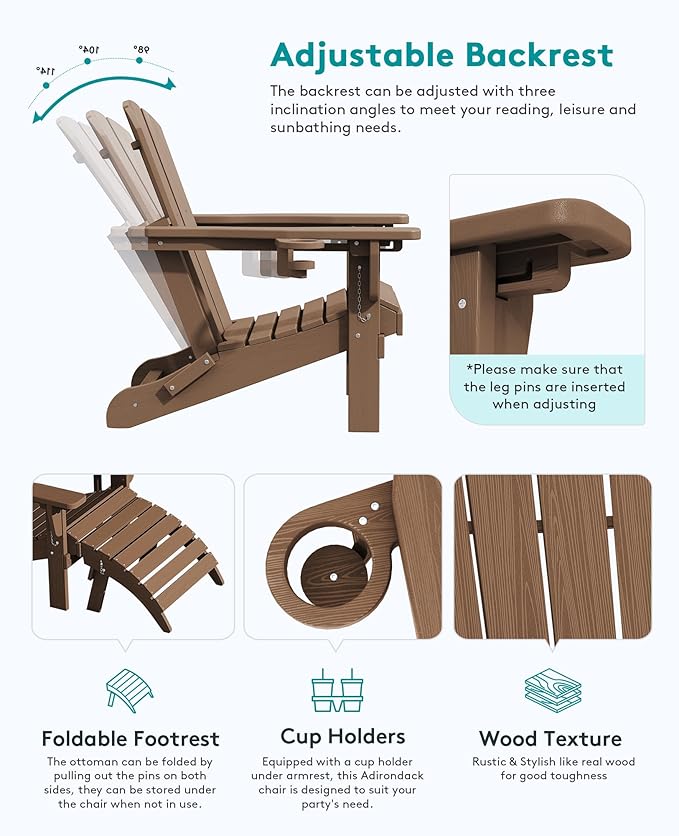 SERWALL 5-Piece Adirondack Chair and Ottoman and Table Set, Brown - Photo 2