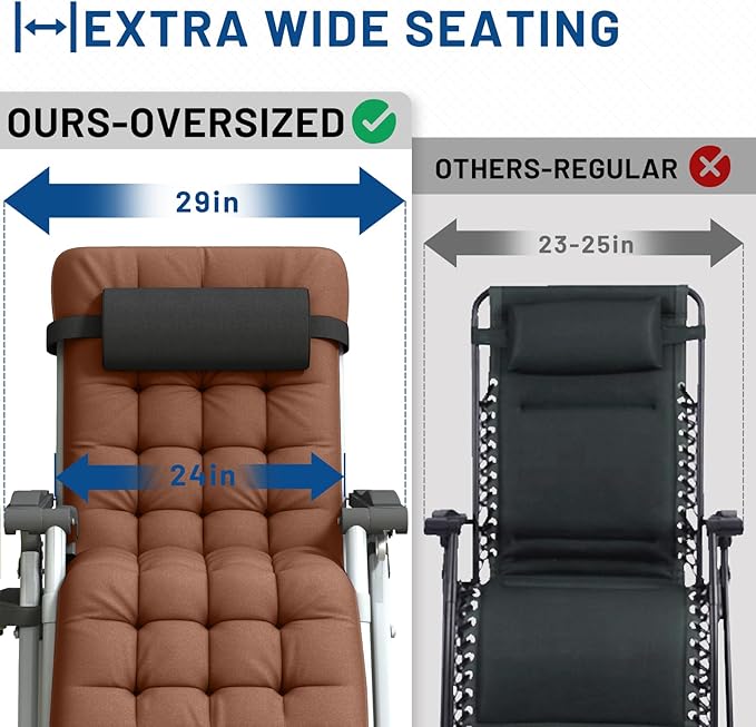 Oversized Zero Gravity Chair, XL Lounge Chair 29” Width, Padded Recliner Chair W/Removable Cushion & Adj Headrest, Storage Bag, Footrest Cushion, Cup Holder, for Indoor Outdoor, Brown