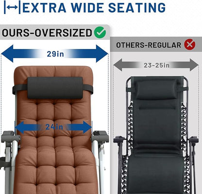 Oversized Zero Gravity Chair, XL Lounge Chair 29” Width, Padded Recliner Chair W/Removable Cushion & Adj Headrest, Storage Bag, Footrest Cushion, Cup Holder, for Indoor Outdoor, Brown