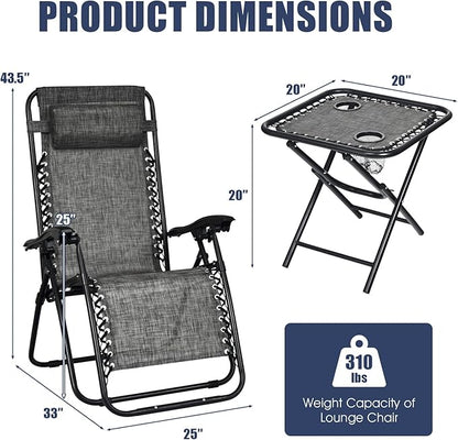Goplus Zero Gravity Chair Set, 3 Pieces Outdoor Lounge Chair Recliners w/Side Table, Headrest and Cup Holders, Adjustable Folding Recliners and Table for Patio, Yard, Pool, Beach (Grey)