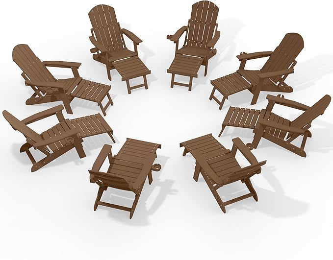 YEFU Adjustable Adirondack Chair with Retractable Ottoman Set of 8,Folding Adirondack Chair with Cup-Holder, Outdoor Chairs with Footrest,Weather Resistant Fire Pit Chairs,for Patio Lawn
