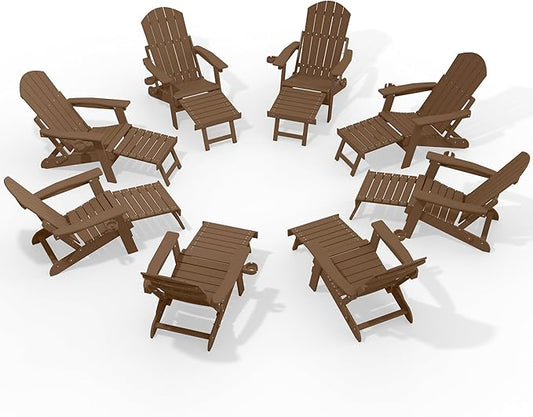 YEFU Adjustable Adirondack Chair with Retractable Ottoman Set of 8,Folding Adirondack Chair with Cup-Holder, Outdoor Chairs with Footrest,Weather Resistant Fire Pit Chairs,for Patio Lawn
