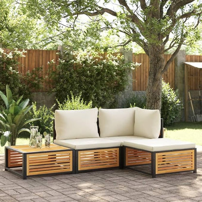 Garden Stool Cream White Solid Acacia Wood with Powder-Coated Steel Frame and Removable Cushion, Modern Outdoor Footrest Seat for Balcony Patio