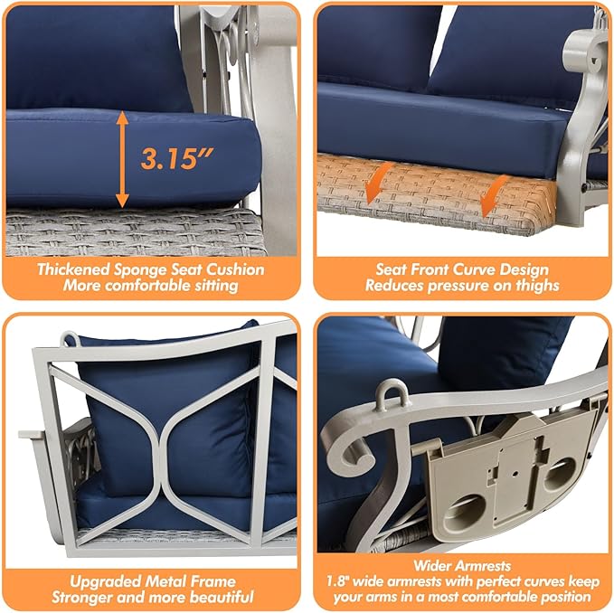 Heavy Duty 900 LBS Porch Swing Chair 3-Person Outdoor Rattan Patio Swing Lounge w/Cup-Holder & Steel Chains Wicker - Photo 4