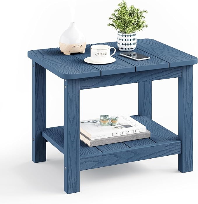 18" Outdoor Side Table, 2-Tier Patio Side Table, Weather Resistant, Easy Assembled, HIPS Adirondack Side Table for Backyard, Pool, Indoor, Blue