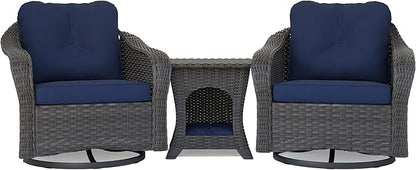 Wicker Swivel Rocking Chairs Set 2 with Storage Side Table - Outdoor Brown Wicker Swivel Glider Chair Outdoor Rocking Chair with Water-Resistant Cushions, Blue