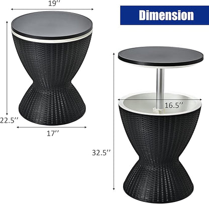 Giantex Outdoor Ice Cooler Side Table with Adjustable Height, 8 Gal Beverage Bucket with Drain Plug, Rattan Patio Bar Table for Poolside, Deck, BBQ & Backyard Parties