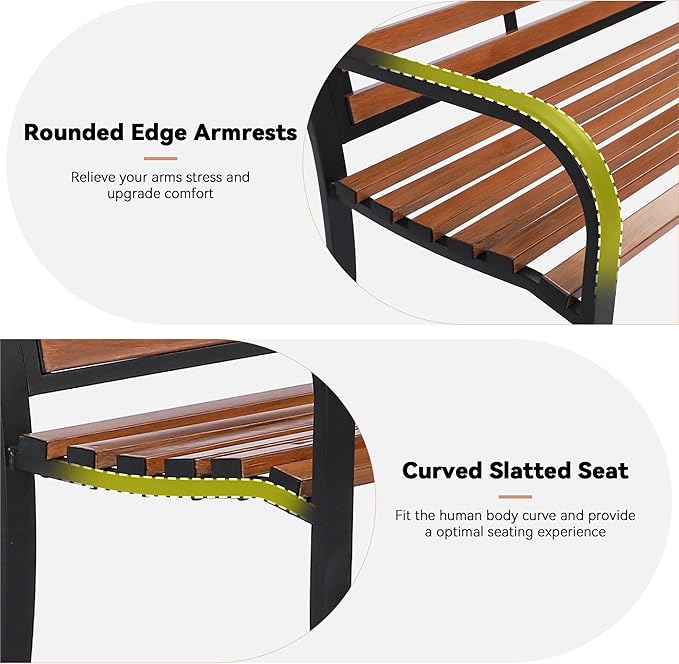 50" Garden Bench Outdoor Bench with American Flag Style, Cast Iron Metal Frame Sturdy Patio Park Bench Arch Legs for Porch,Lawn,Garden,Yard (Yellow-Brown)