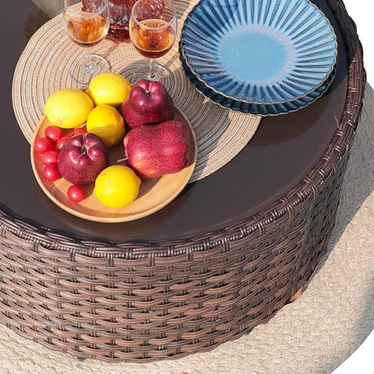 SUNSITT Round Outdoor Coffee Table with Tempered Glass Top, 28in Rattan PE Resin Wicker Patio Side Table, Brown