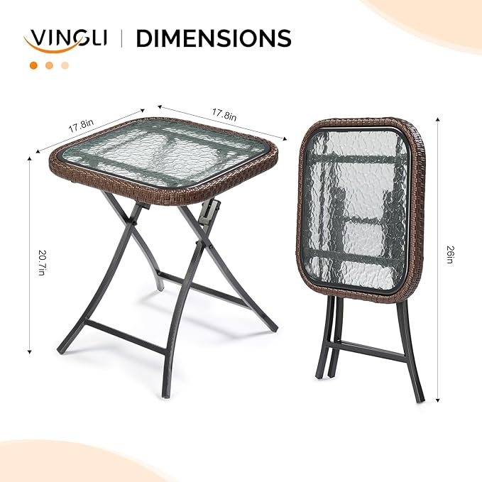 VINGLI 18in Modern Brown Rattan Folding Glass Outdoor Side Table, Small Patio Table with Tempered Glass Top, Rectangular - Photo 3