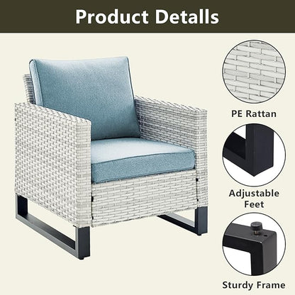 Rilyson Wicker Outdoor Patio Furniture Set - 6 Piece Patio Conversation Set with 2 Armrest Chairs,2 Rattan Ottoman,1 Couch and 1 Metal Side Table for Outside Porch Deck Backyard(Light Grey/Sky Blue)