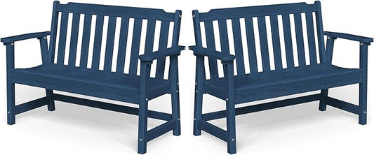 Ciokea 49" Heavy Duty Outdoor Bench Set of 2, HDPE Weatherproof Garden Bench, 2-Person Memorial Benches with 660 Lbs, Waterproof Patio Porch Benches for Outside Business Office Backyard, Navy Blue