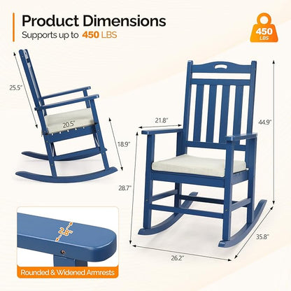 VINGLI Outdoor Rocking Chair, Heavy Duty 450 lbs Poplar Wooden Rocking Chair with High Backrest Design, Come with a Cushion, All-Weather Lounge Rocker Support for Garden, Deck (Navy Blue, 1 PC)