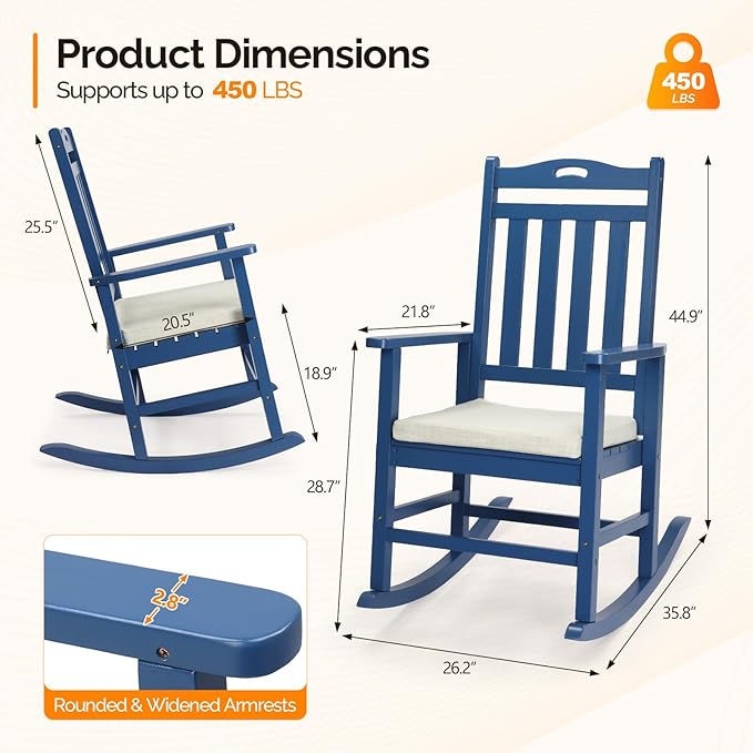 VINGLI Outdoor Rocking Chair, Heavy Duty 450 lbs Poplar Wooden Rocking Chair with High Backrest Design, Come with a Cushion, All-Weather Lounge Rocker Support for Garden, Deck (Navy Blue, 2 PCS)