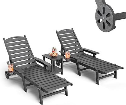 Pamapic 500 LBS Lounge Chair with Coffee Table Set of 3, Wide Armrest Oversized Chaise Lounge Chair with Wheel, 4 Positions Chaise Lounge with Cup Holder, Outdoor Lounge Chairs for Poolsdie, Grey
