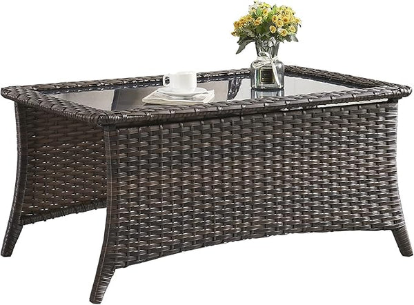 HUMMUH Outdoor Coffee Table Patio Rattan Patio Side Table Built-in Black Glass Top PE Wicker Rectangle Sofa Table Dark - Photo 1